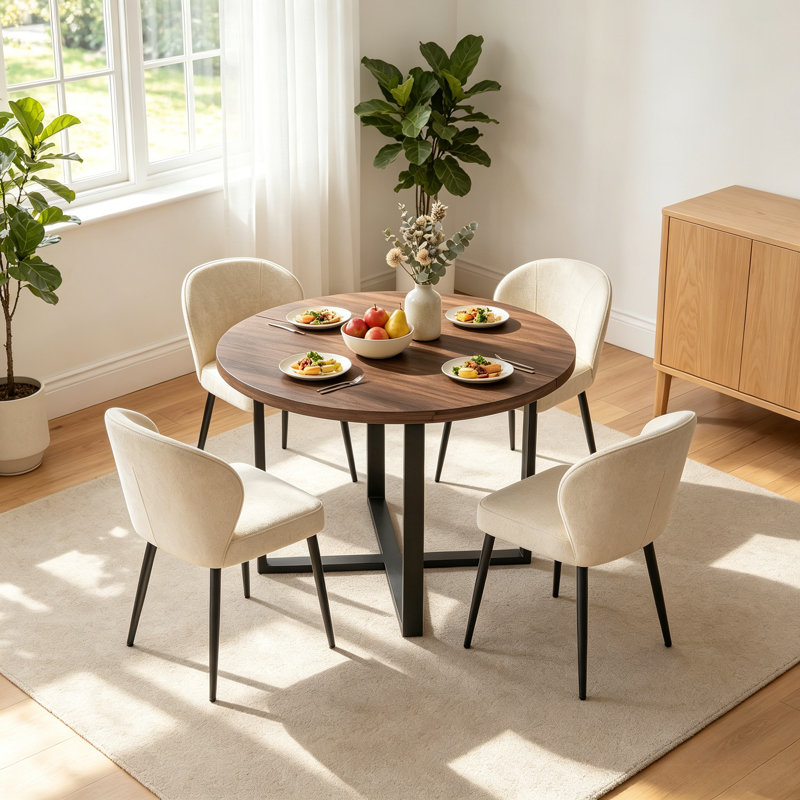 43.3" Round Extendable Dining Table Set For 4, Mid-century Modern Walnut Finish Mdf Kitchen Table With Cross Base & Upholstered Chairs, Space-saving Dining Room Furniture Set