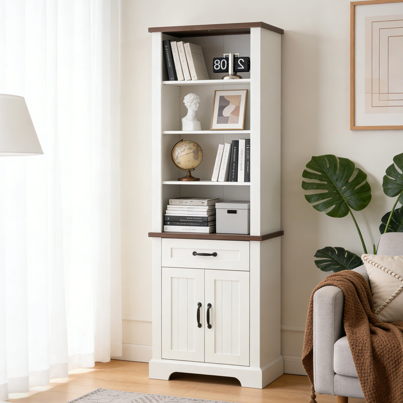 Book Cabinet with 2 Doors and 1 Drawer, Tall Storage Cabinet with Adjustable Shelves, 4 Tier Bookcase with Cabinet for Home Office, Living Room (Antique White)