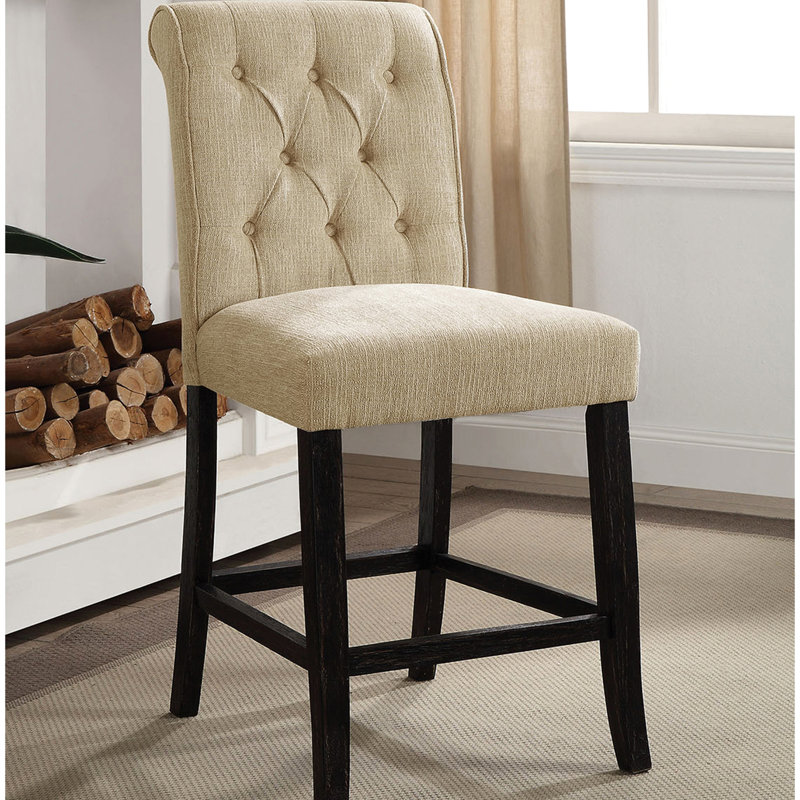 Chaises de salle à manger beige et noir antique, 2 chaises, dossier à volutes avec capitonnage, bois massif pour les pièces et dossier en chenille, Construction Dine