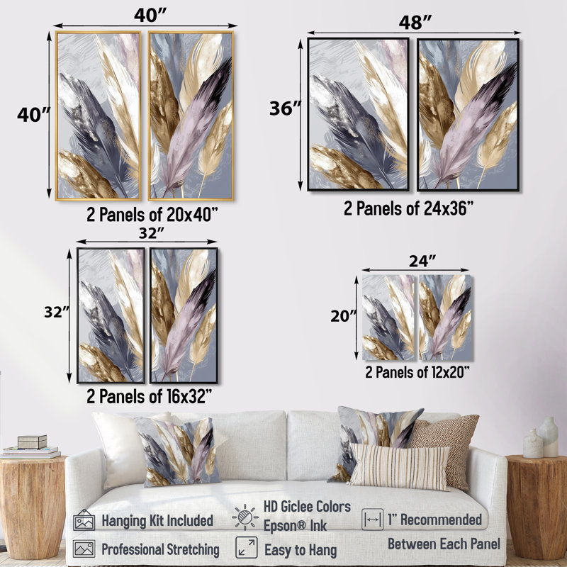 Plume mauve Boho Majesty - art mural moderne 2 panneaux, Impression encadrée flottante, H 36 po x l 48 po, Noir