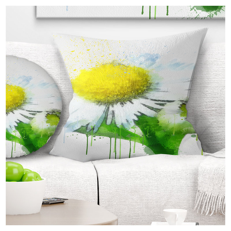 Aquarelle de croquis à la camomille jaune - coussin à imprimé floral, 16 po x 1 po, Coussin décoratif