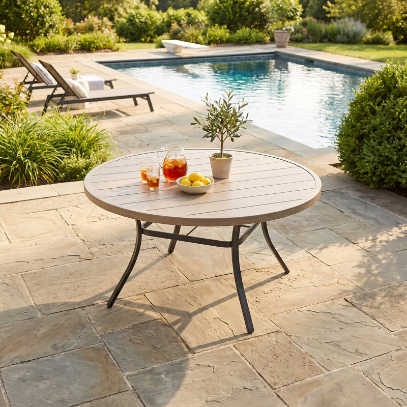 53" Patio Roud Metal Dining Table, Brush Wood/Gray