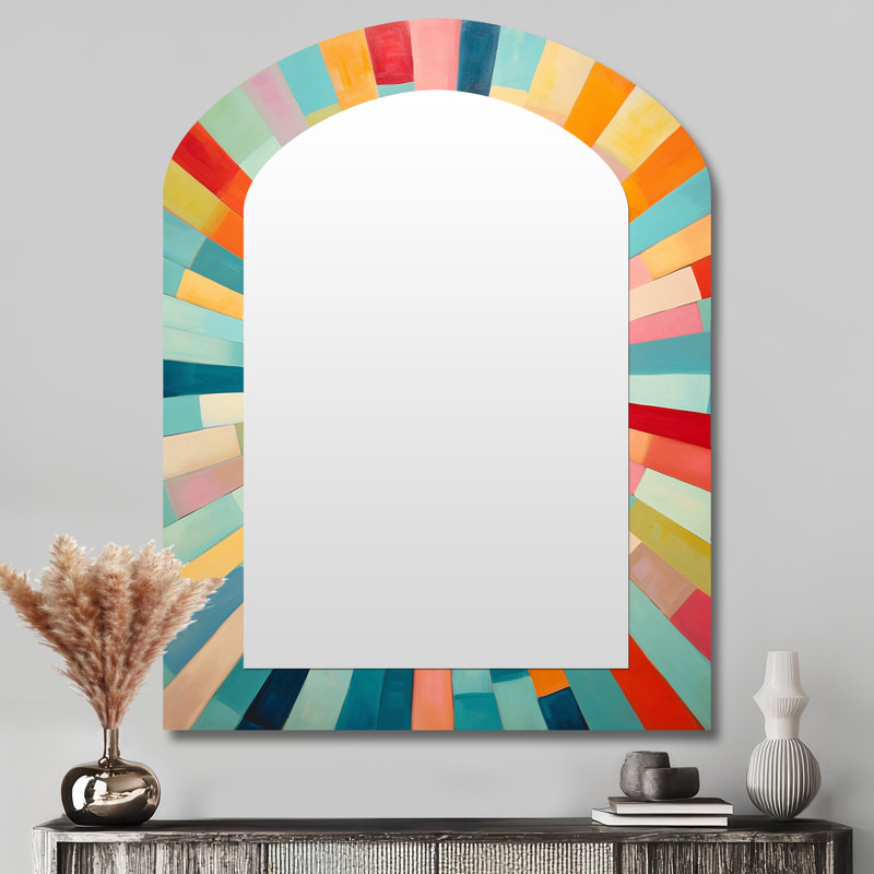 Colorful Mid Century Optical Serenade III - Midcentury Modern Arch Decorative Wall Mirror, Modern Asymmetrical Mirror, Printed Metal Art