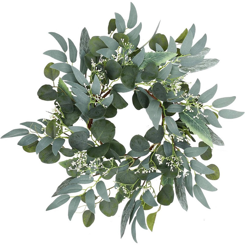 Artificial Eucalyptus Wreath – Green With White Flowers – 15-Inch, Spring/Summer Home Decor For Door, Wall, Or Window