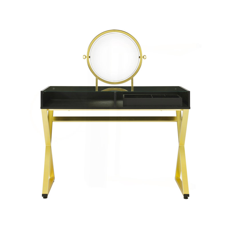 Coleen Black & Gold Finish Vanity Desk W/Mirror & Jewelry Tray, Gold