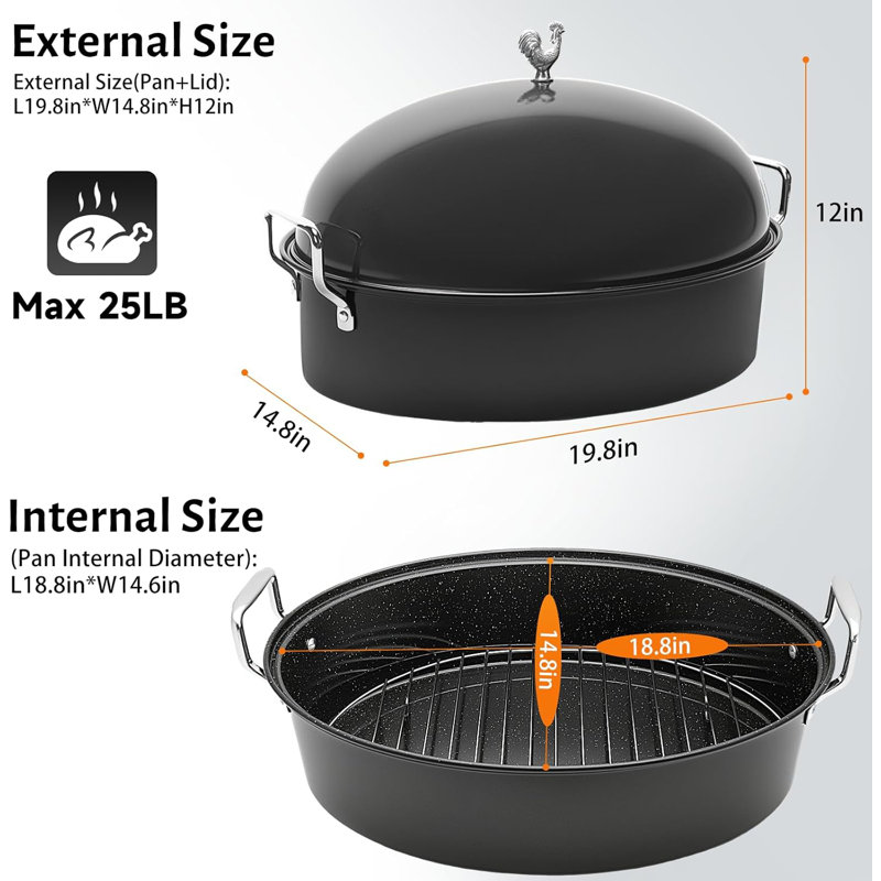 Grande rôtissoire ovale en acier au carbone 32 L avec grille et couvercle