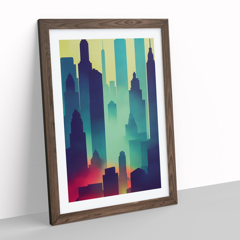 City Skyline Watercolour No.6 Abstract - Single Picture Frame Painting, Walnut, 64cm H x 46cm W x 2cm D