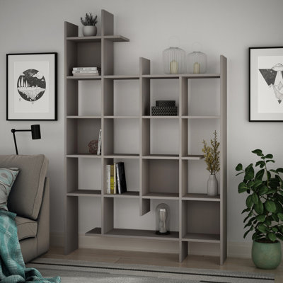 Modern Bookshelf with Numerous Shelves, Light Mocha, 48.0 x 74.0 x 10.0 inches | 100% Melamine Coated Particle Board, Thickness: 0.7 inches | Wall-Mountable Design for Stylish Home & Office Storage