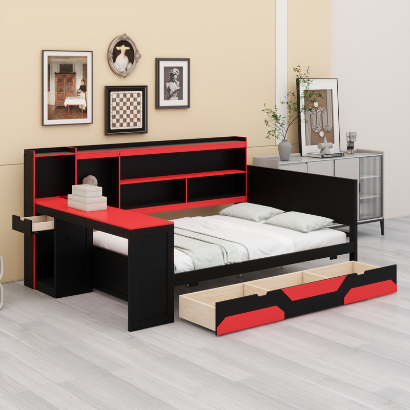 Contemporary Daybed for Gamers Featuring Integrated Desk, Lighting, and Charging Station, Bed Frame with Storage Drawers
