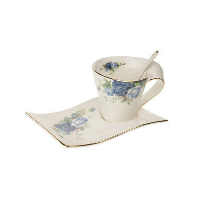 Ensemble de tasse à thé et soucoupes 3 pièces blue roses Crespo