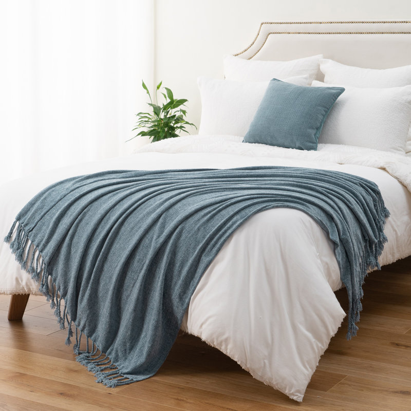 Jeté en velours Chenille, jeté décoratif à franges pour lit 50 po x 60 po, Gris bleu