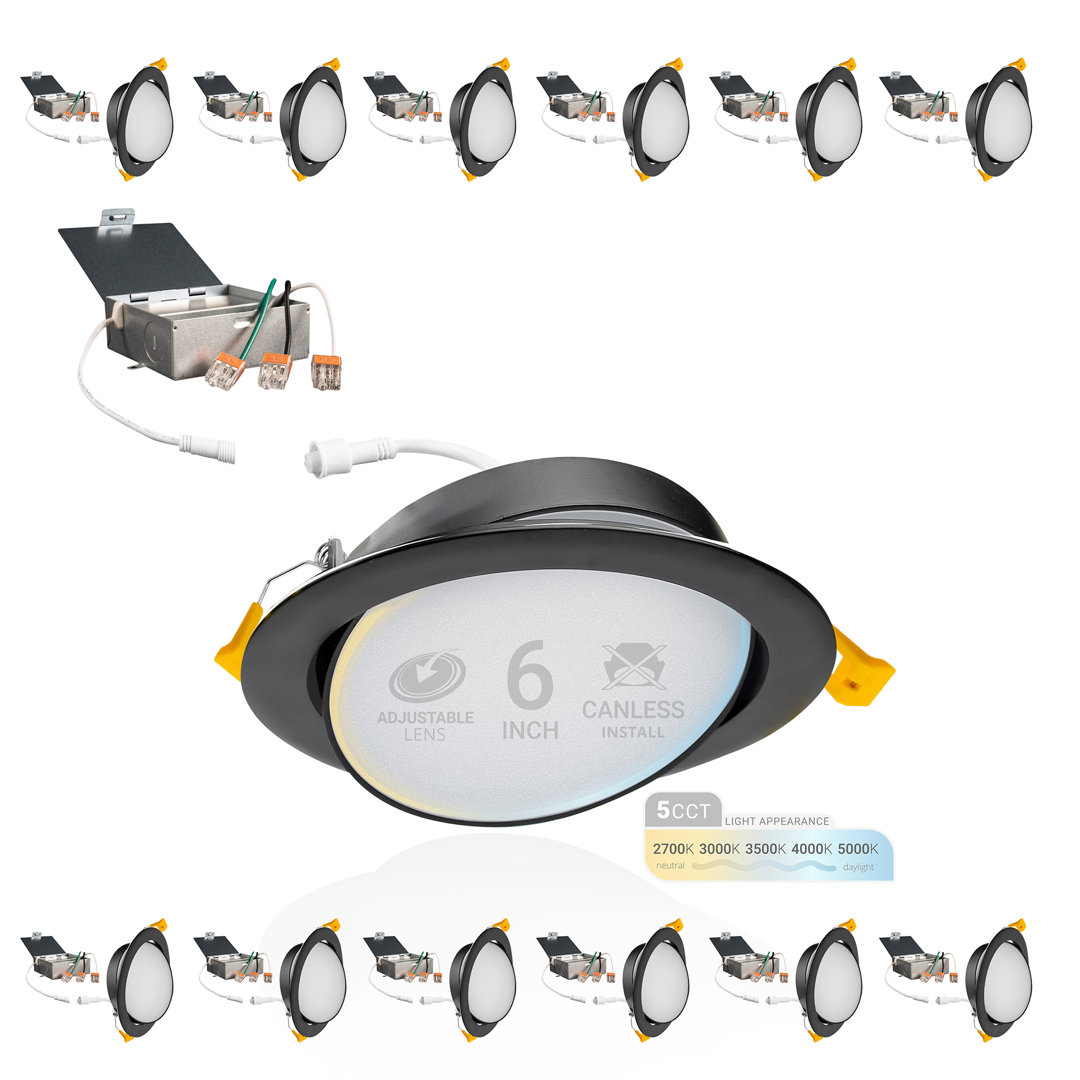 Adjustable Downlight 6'' Selectable Color Temperature Dimmable IC Rated LED Canless Recessed Lighting Kit (Set of 12) NUWATT 