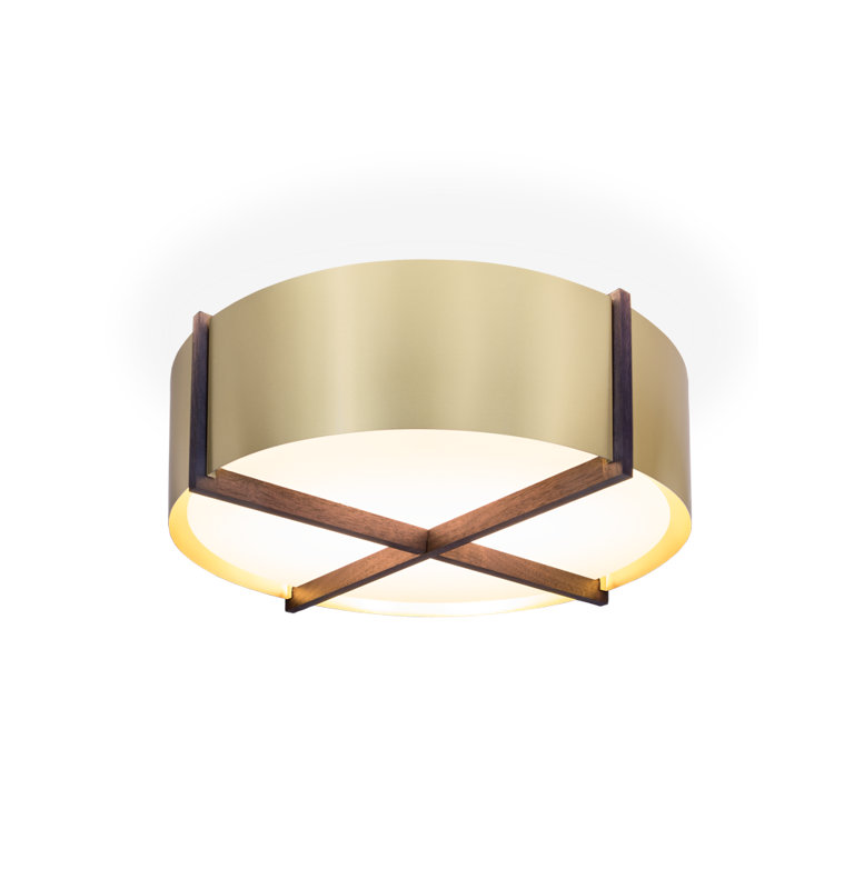 Plura LED Flush Mount, 6.38" H x 18" W x 18" D, 2700K, Walnut/Brushed Brass