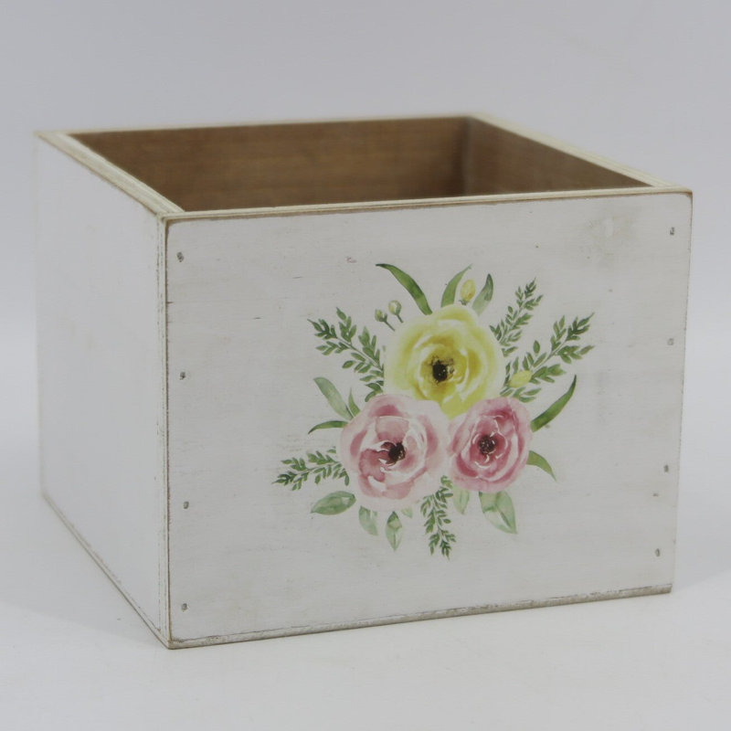 Boîte décorative blanche avec fleurs jaunes et roses