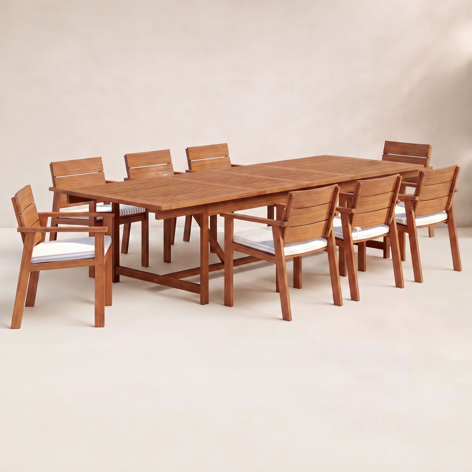 Alyisa 79'' Rectangular 8-Person Outdoor Dining Set with Cushions, Light Teak Finish