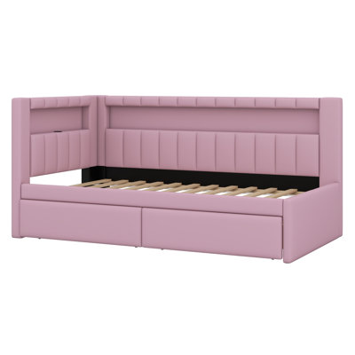 Upholstered Platform Bed With USB Ports And LED Belt, With 2 Drawers