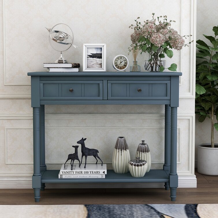 36 Retro Style Pine Console Table with 4 Drawers and 1 Storage Shelf, Blue  - ModernLuxe