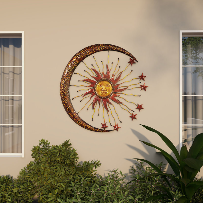 Metal Indoor Outdoor Sun and Moon Home Copper Wall Decor with Stars