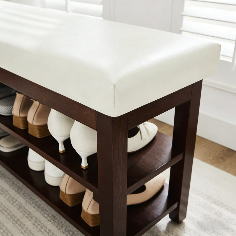 Multi-Purpose Entryway Bench With Cushion & 2-Tier Shoe Storage, Brown/White