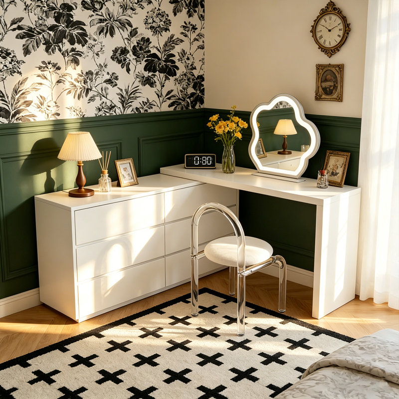 Meuble-lavabo extensible en forme de L à 6 tiroirs avec finition blanc crème ERRY