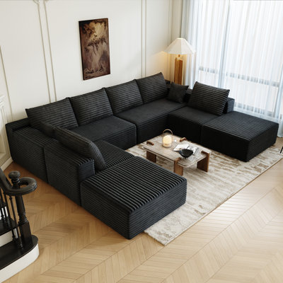 139.4" Modular Sectional Sofa Couch, Oversized  U-Shaped Minimalist Couches with 2 Ottomans Chaise and 2 Middle Seats, Modern Deep Seat Cloud Plush Corduroy Sofas Set for Living Room, 8 Seater