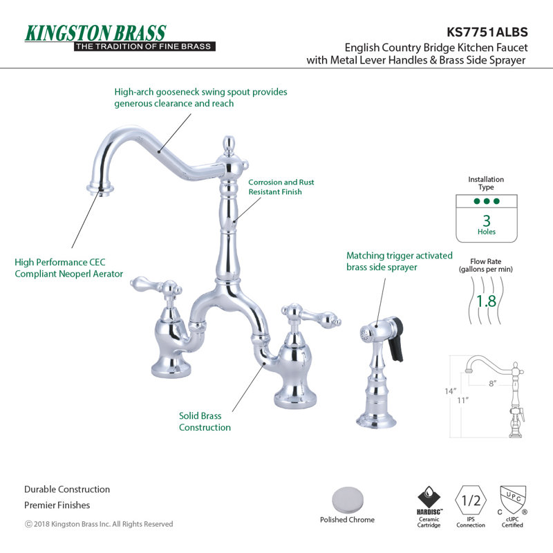 Kingston Brass English Country Two-Handle 3-Hole Deck Mount Bridge Kitchen Faucet with Brass Side Sprayer, Polished Chrome