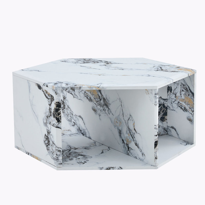 Stylish Hexagonal Coffee Table With Characteristic Pattern Stickers And Multi-Hole Design, Wood, White