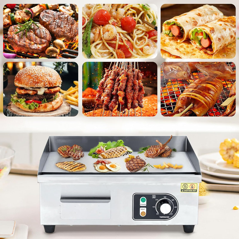 14" Electric Countertop Griddle, Stainless Steel Flat Grill Plate, Non-Stick Surface, 1600W/110V, Adjustable 122°F–572°F Temperature, Commercial Kitchen Use