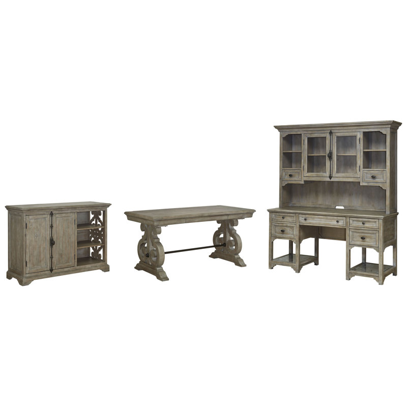 Writing Desk With Printer Stand Credenza And Hutch, 3 Pcs: Desk, Storage Cabinets, Credenza and Hutch
