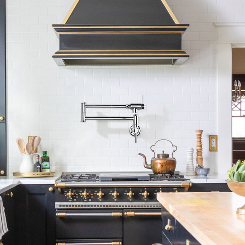 Wall Mount Pot Filler Kitchen Faucet Solid Brass With Retractable Arm, Polished Chrome