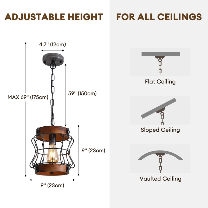 9" Farmhouse Pendant Light With Adjustable Chain, Wood & Metal Cage Design, Yes 