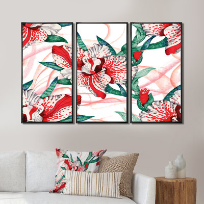 «Red Blossoming Retro Flowers», reproduction de cadre flottant sur toile 3 pièces