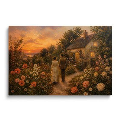 Reproduction sur toile d'un couple vintage se promenant main dans la main au coucher du soleil - 50 x 75 cm