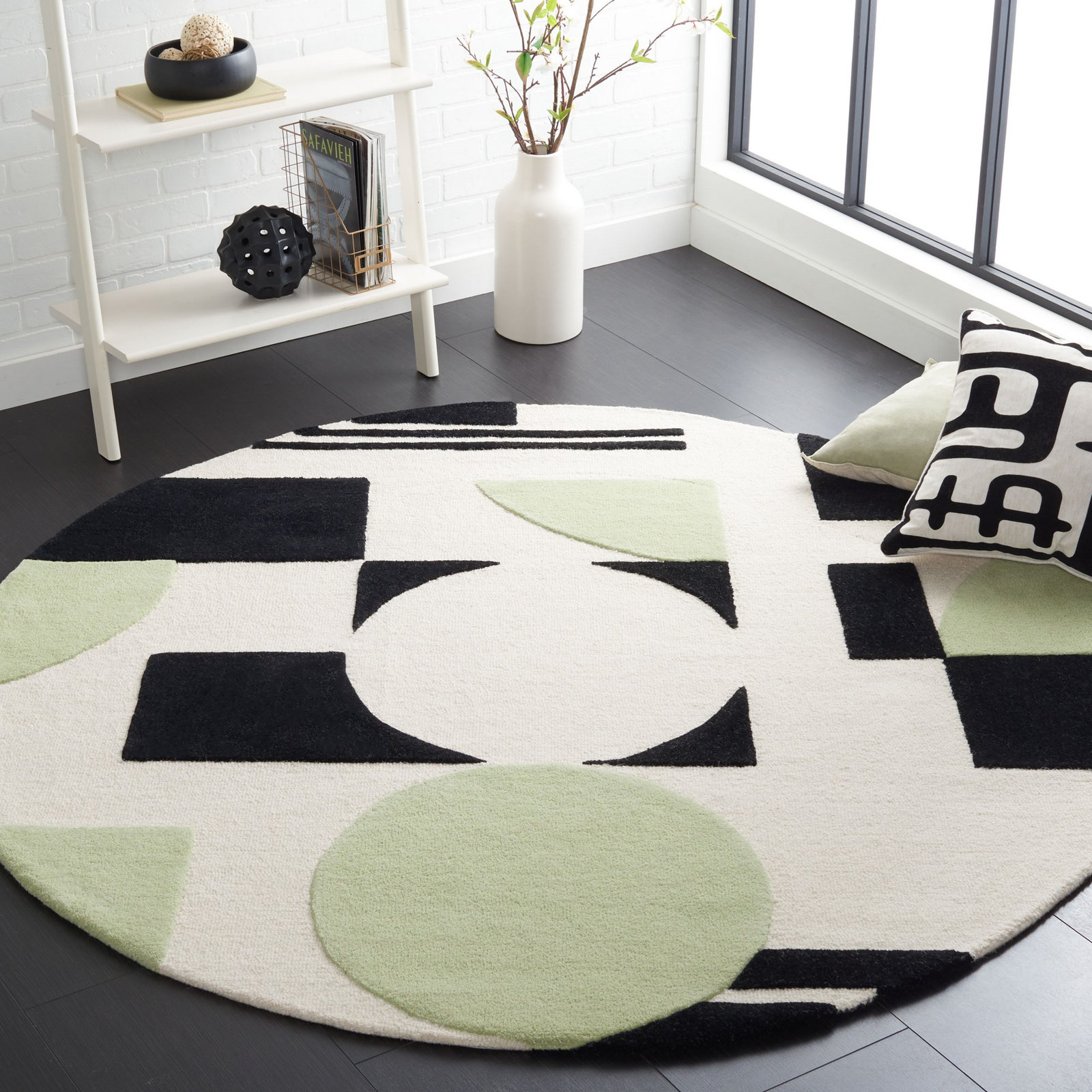 Felipe Green Black White Hand-Tufted Wool Rug, Round 6'
