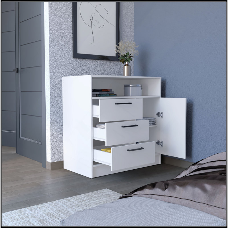 Commode avec armoire de rangement spacieuse à 3 tiroirs et à une porte, blanc, Blanc
