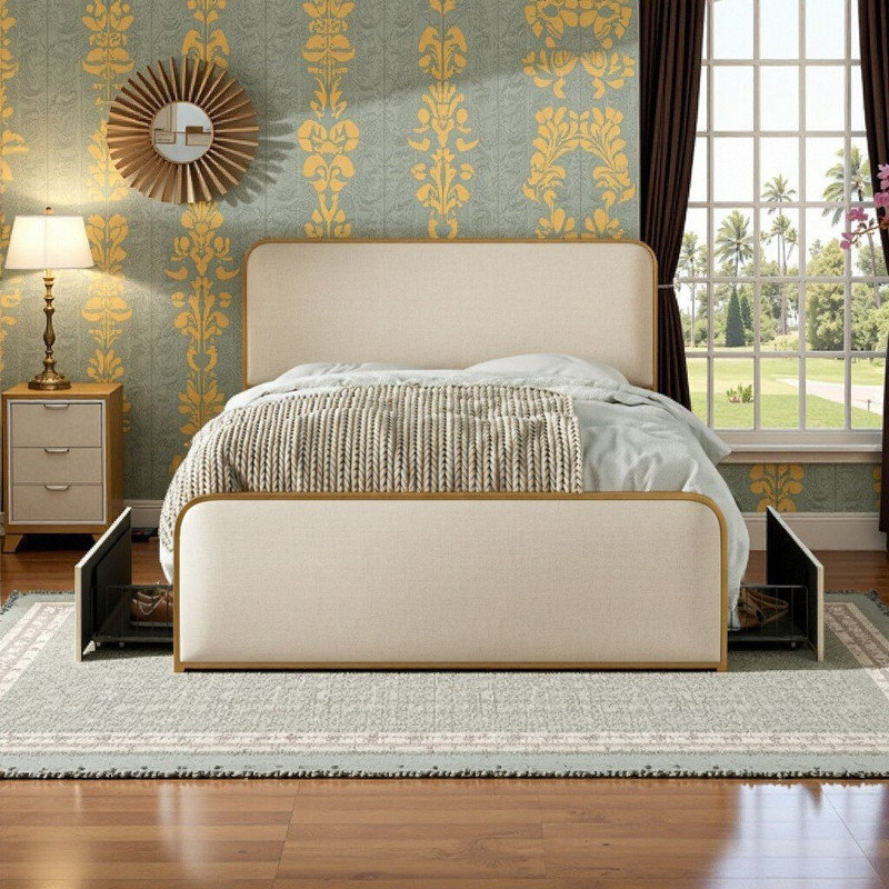 King Size Metal Bed Frame with Upholstered Headboard and Footboard, Under-Bed Storage Drawers, Drawers, King
