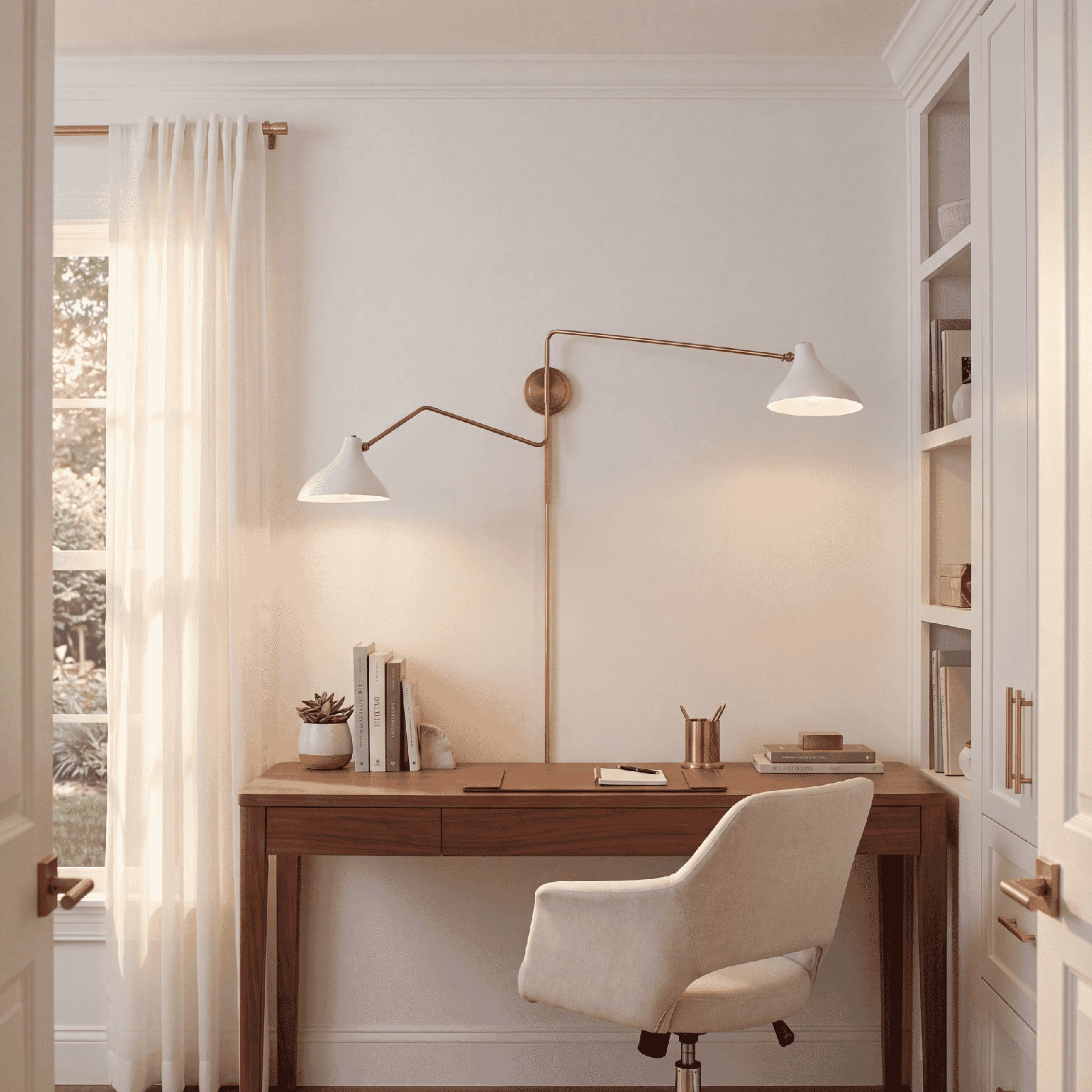 Elyse 2-Light Swing Arm Sconce, White, Brass