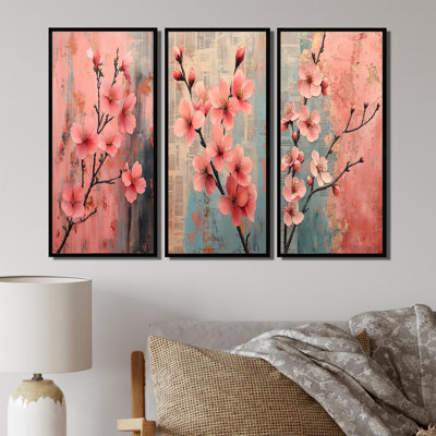 «Rose and Blue Cherry Blossom Spring Awakening I», collection d'art mural cerisier en fleurs