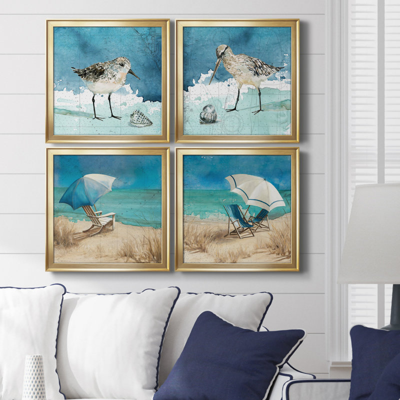 Bay Shore Sandpiper I - Ensemble de 4 peintures sur toile encadrées, H 30,5 po x l 122 po x P 1,5 po, Or
