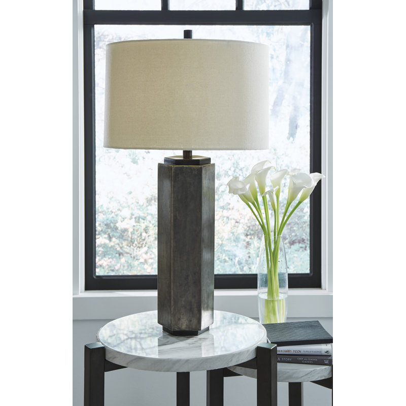 Dirkton Hexagon Pewter and Black Table Lamp with Drum Shade
