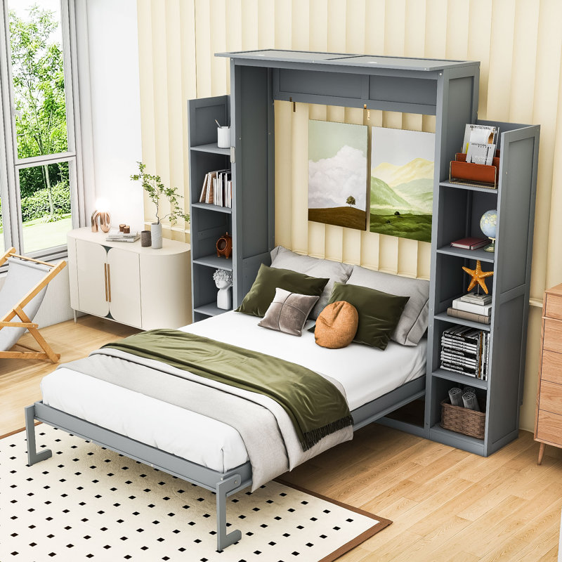 Lit escamotable avec armoires de rangement doubles et DEL de nuit intégrée, Double, Gris