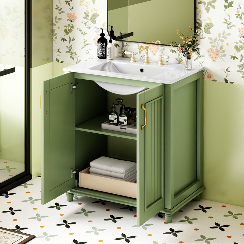 Meuble-lavabo de 30 po avec lavabo en céramique, ensemble de meuble-lavabo autoportant avec tiroir caché, armoire de rangement pour la salle de bain