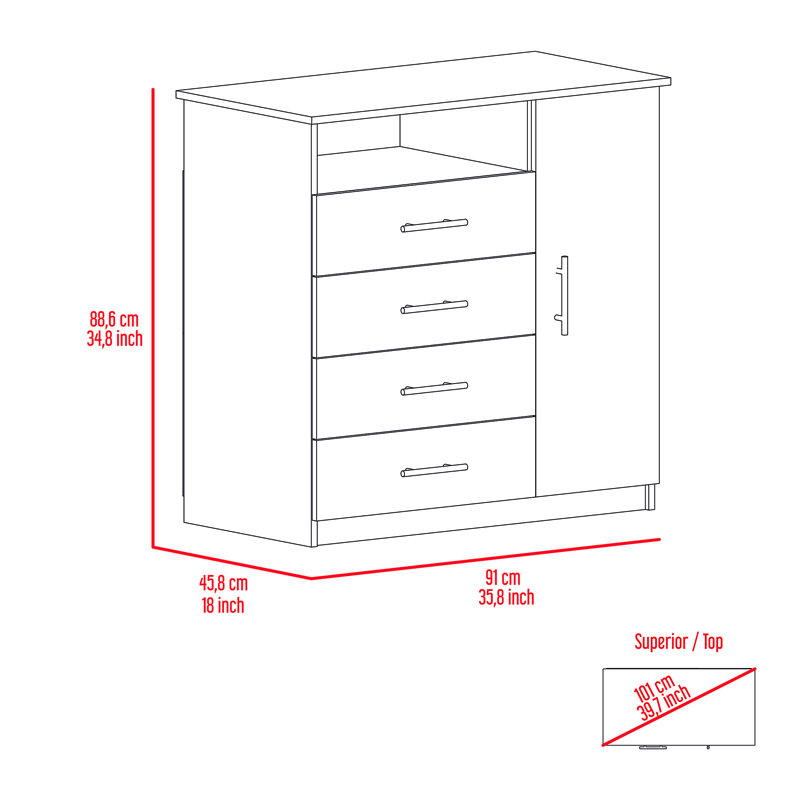 Sierra Dresser with Four Drawers, One Compartment and Open Shelf, Freestanding Bedroom Storage, White