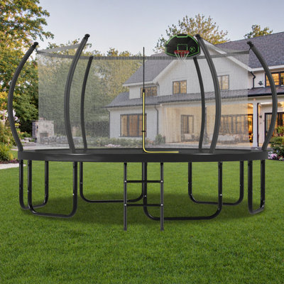 16FT Trampoline with Basketball Hoop for Kids and Adults, Round Outdoor Trampoline with Enclosure Net & Curved Poles & Ladder