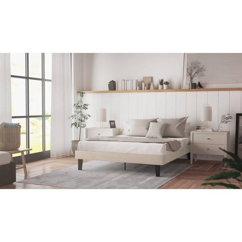 Brin 14" Upholstered Bed Frame (Additional Slats Required), Ivory, Queen