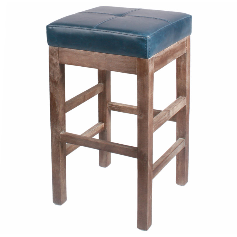 Kimberling Upholstered Faux Leather Counter Stool with Solid Wood Frame, Drift Wood, Vintage Blue