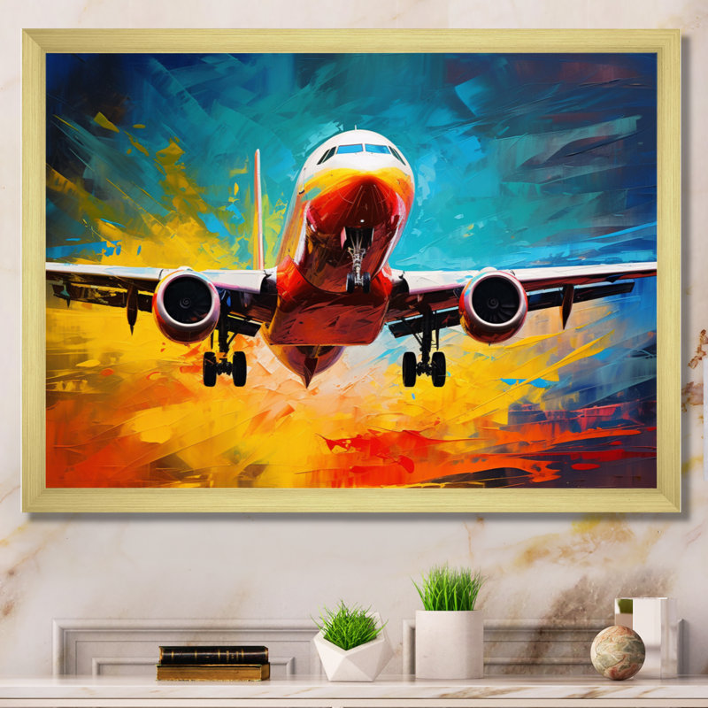 Avion énergique de départ sur toile, Encadrement doré, H 30 po x l 40 po x P 1,5 po