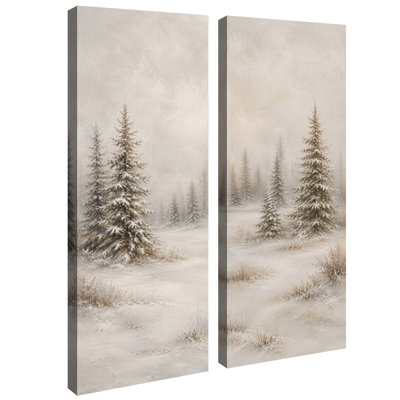 «Soft Snowy Pine Tree Forest Landscape Neutral Winter», art mural pour le salon, la chambre à coucher, la cabine de bureau, le couloir d'entrée - ensemble de 2, reproduction d'art encadrée sur toile 32 po x 12 po x 2