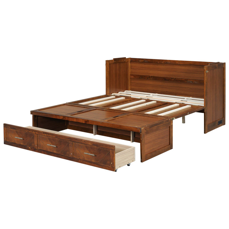 Grand lit escamotable en bois de pin avec station de charge USB intégrée et panneau de décoration géométrique, noyer