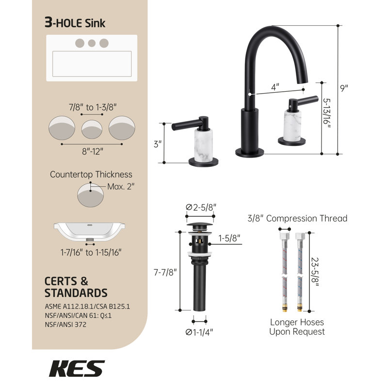 KES 8'' Black Bathroom Sink Faucet Widespread With Supply Hose And 2 Handles With Drain Assembly, Matte Black